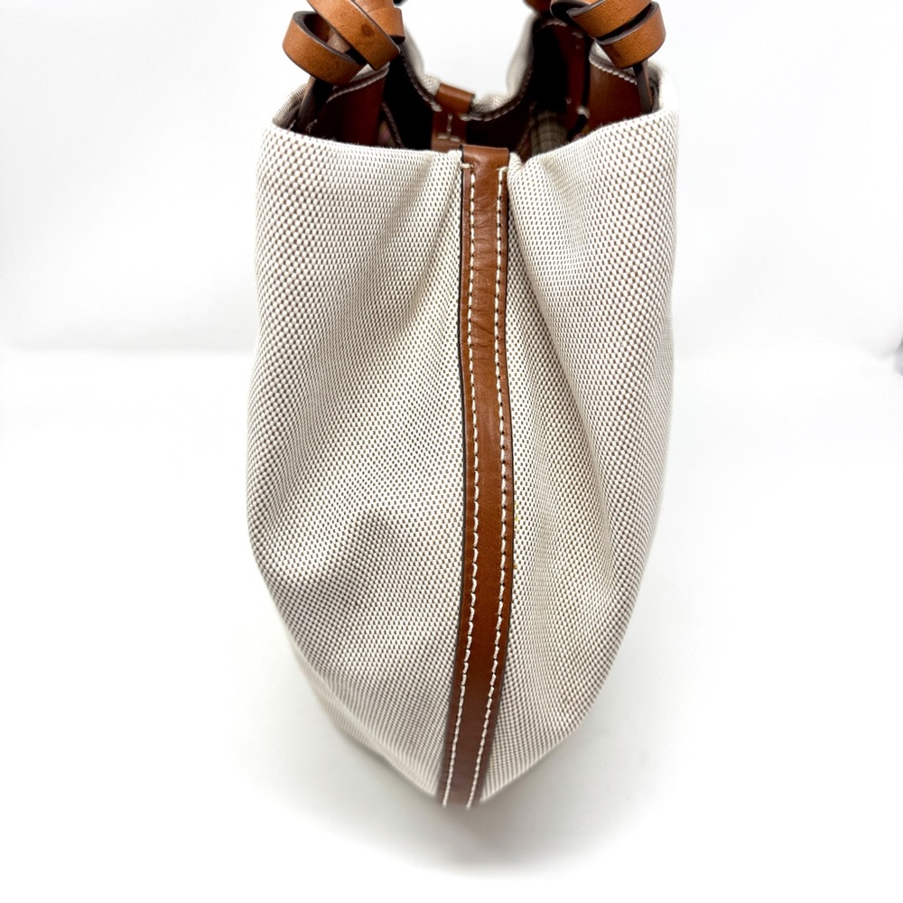 Authentic Tory Burch Small Canvas Round Tote Purse Natural / Classic - Picture 7 of 13